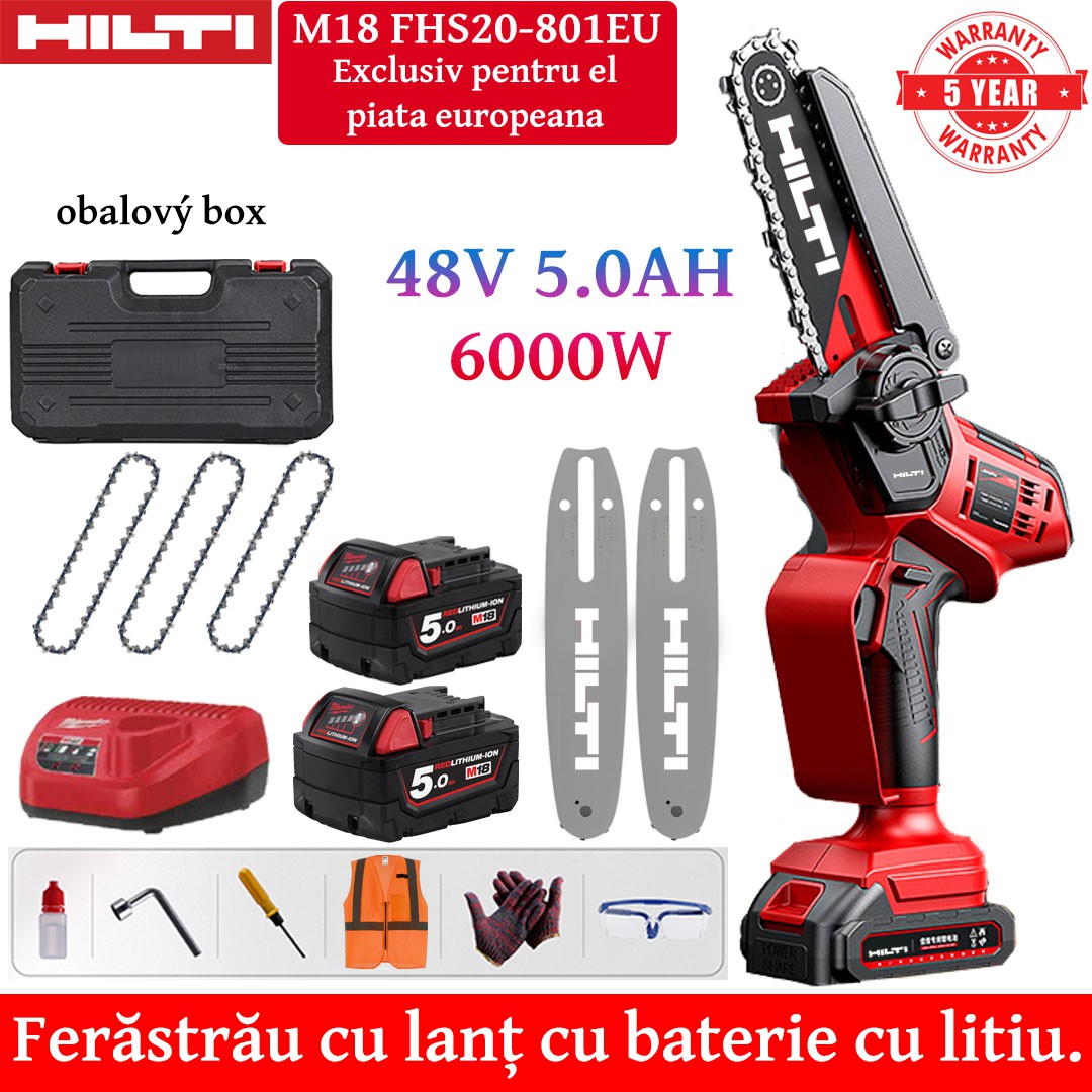 Ferăstrău electric cu litiu de 8 inchi, 6000 W, baterie de 48 V 5,0 Ah*2, încărcător, placă de ghidare*2, lanț*3, cutie de scule, lubrifiant și ochelari de protecție